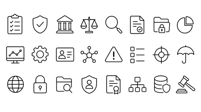 RegTech Regulatory Compliance Fintech Icons Set - 24 Modern Line Icons Collection for Banking, Financial Services, Risk Management and Compliance UI Design