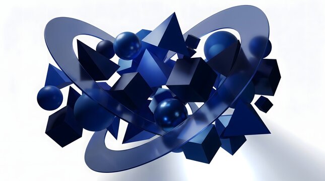 An energetic explosion of navy blue 3D geometric shapes including spheres, rings, arrows, and polyhedrons on a clean white background. Versatile for tech branding, science infographics, and modern adv