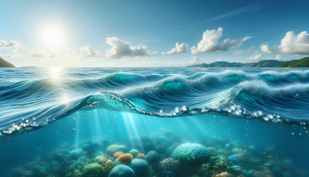 Crystal Clear Ocean Waves Above Vibrant Coral Reef with Sunlight Rays and Tropical Marine Ecosystem Underwater Seascape