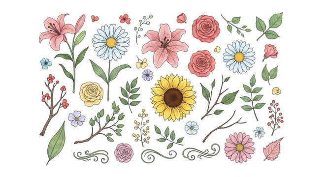 Collection of Various Beautiful Flowers and Greenery Elements.
