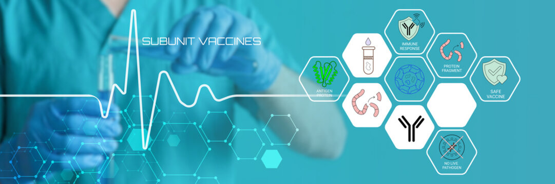 Modern medical illustration showcasing subunit vaccines technology with immune response elements and healthcare professional