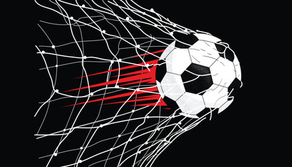 Soccer ball hitting the net goal with red motion speed lines on black background © stock9999
