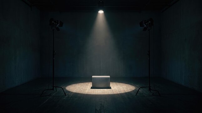 Dramatic spotlight on a concrete cube in a dark studio setting