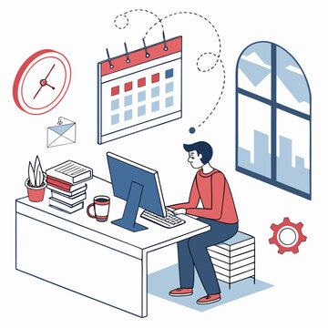 Man working at a desk with a computer and calendar