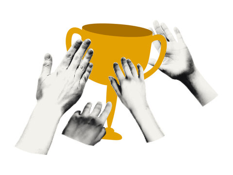 Human hands reaching for gold trophy cup. Vintage halftone sticker, element for collage and scrapbook. Teamwork, winning, business success and achievement concept. Modern retro vector illustration