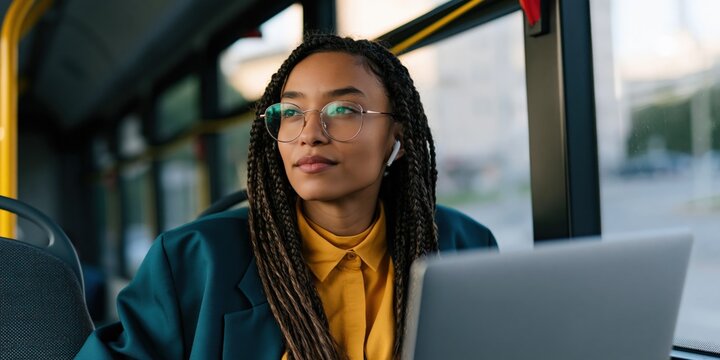 Young woman gazing out window on bus with laptop during urban commute