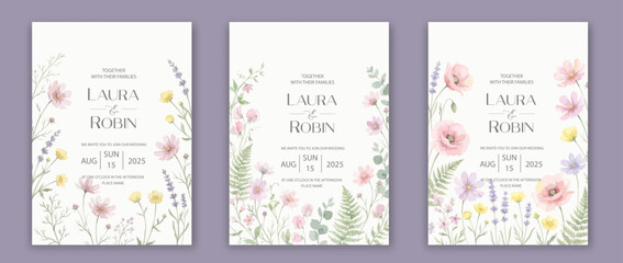 Obraz premium Wedding card template with wild herbs and flowers.
