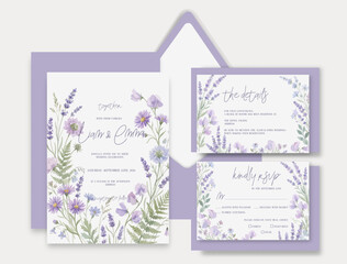 Obraz premium Wedding card template with wild herbs and flowers.