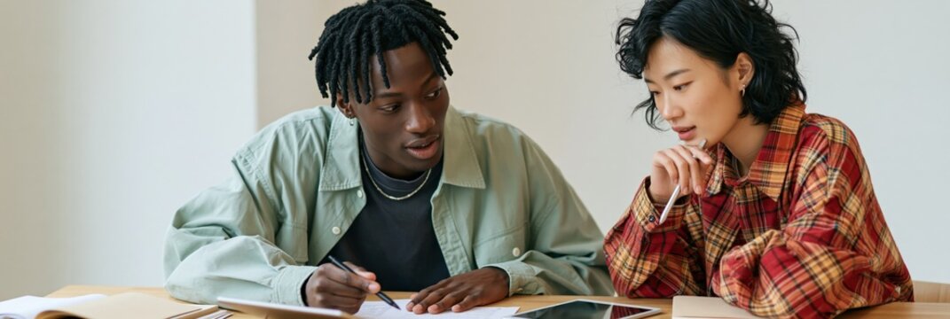 Male student and female peer reviewing notes at study table