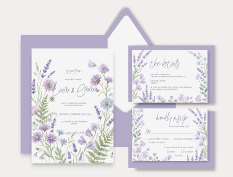 Wedding card template with wild herbs and flowers.