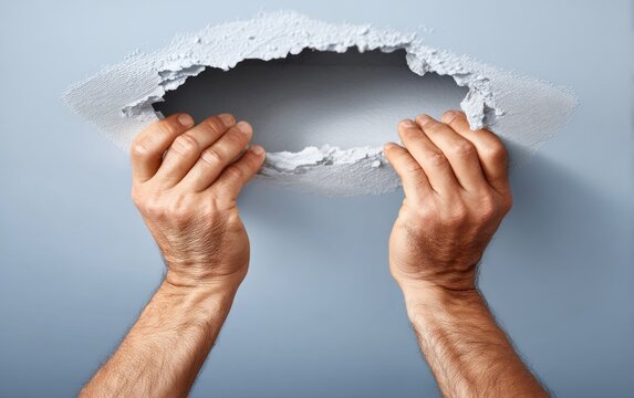 Hands Fixing Damaged Ceiling Surface with Visible Repair Work