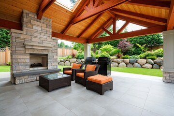 Fototapeta premium Modern home's covered patio features a stone fireplace, wicker furniture with orange cushions, and built-in barbecue grills for entertaining