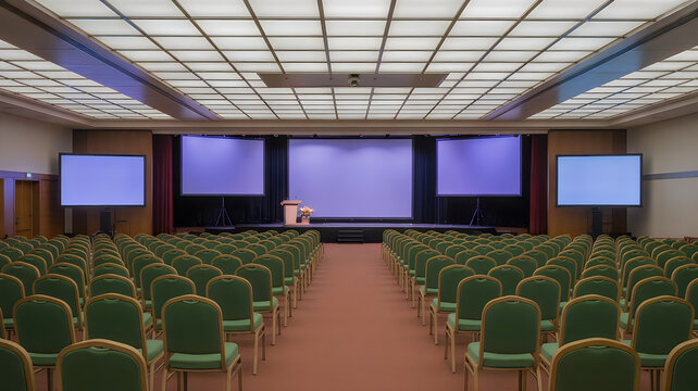 Modern conference hall with large screen and empty chairs