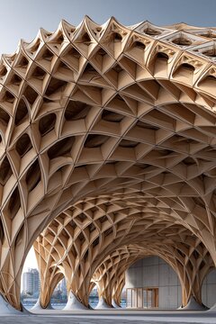 Modern parametric design wooden architecture with repeating curved grid arched hollow structure shows innovative contemporary sustainable architectural design concept