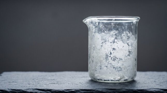 Empty glass laboratory beaker with white crystalline residue on dark slate background Concept of scientific research water evaporation and mineral deposit analysis