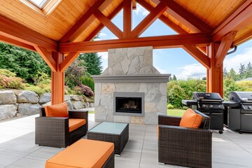 Naklejka premium Luxurious outdoor living area featuring a stone fireplace, comfortable lounge furniture, and modern barbecue grills under a wooden gazebo