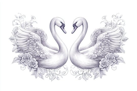 Decorative Swan Pair With Botanical Ornament, Romantic Symmetrical Vector Illustration Isolated On White