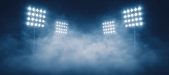Fototapeta premium Stadium floodlights shining through thick smoke or fog, creating a dramatic atmosphere for sports, concerts, or events