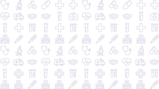 Medical icons form a repetitive background pattern of thin line health symbols in a soft violet hue.