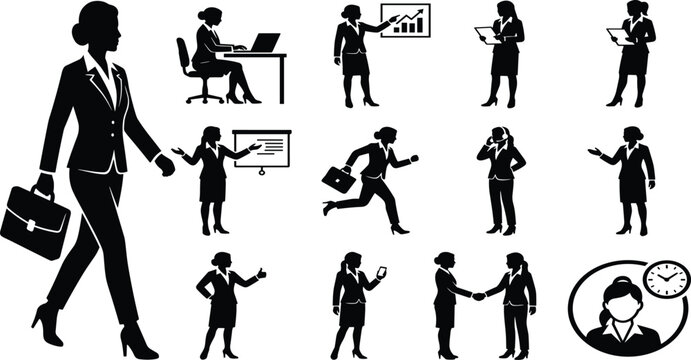 Collection of professional businesswoman silhouettes in various poses including walking running presenting working at desk shaking hands and managing time effectively
