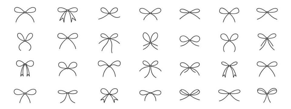 Collection of hand drawn black bow on white background ribbon knot decorative symbol