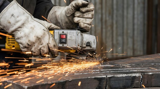 Worker Using Angle Grinder on Metal with Flying Sparks Industrial Workshop Close-Up Photography
