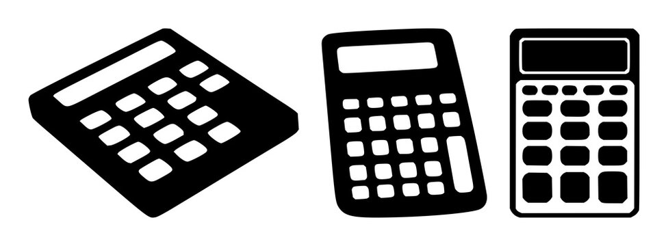 Accounting calculator set with solid black silhouette icon against white background featuring accounting, calculator, finance with business and paperwork illustration