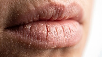 Naklejka premium Striking macro photograph of dry cracked lips with hyper-detailed skin texture under dramatic studio lighting. Ideal for dermatology clinics, lip care product advertising, and medical beauty banner ca