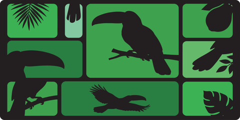 Naklejka premium Toucans and tropical plants silhouettes in green and black blocks, a jungle-themed design.