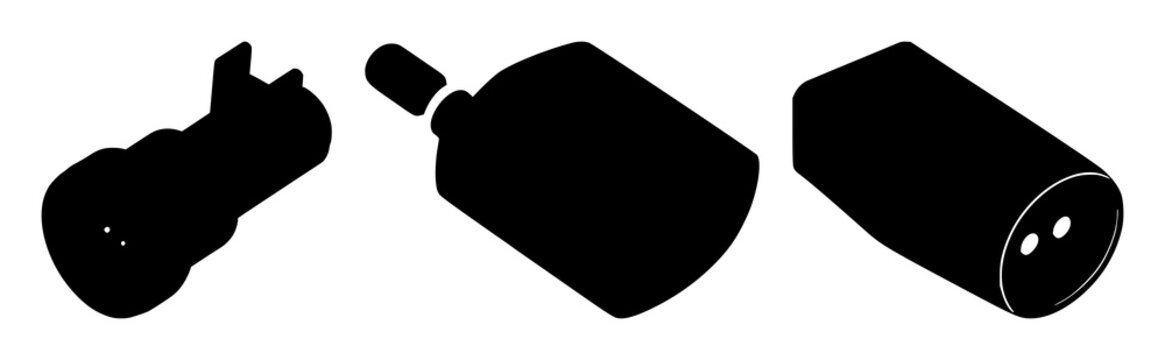 API connection plug and socket icon set with solid black outline on white background featuring API, plug, socket devices with connectivity and integration