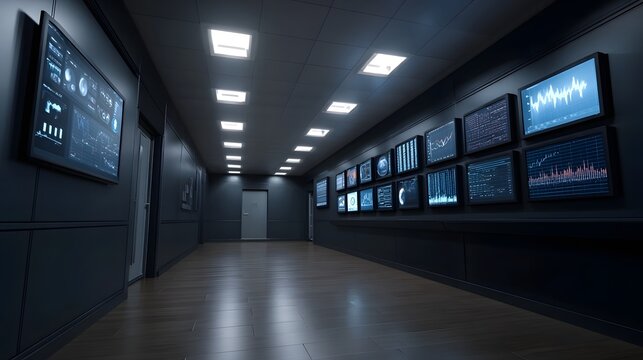 A modern control room displaying multiple illuminated data dashboards and complex graphical visualizations in a sleek technical environment