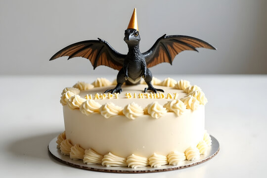 happy birthday funny microraptor winged dinosaur standing on creamy celebration cake