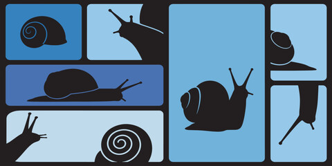 Collection of various snail silhouettes in different poses and shades of blue backgrounds, depicting diverse perspectives of these gastropods. © Riki