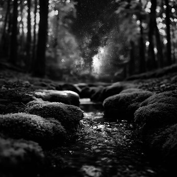 Ethereal light of a galactic core over a mossy forest spring