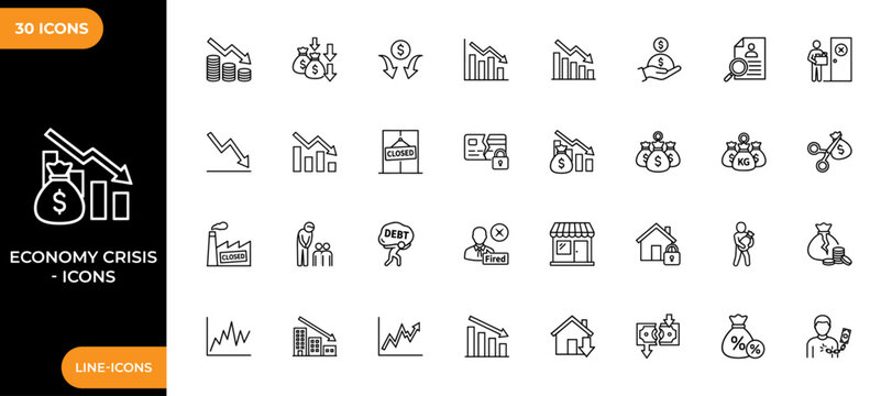 経済危機を示す線アイコンセット。景気後退を表すベクターアイコン。ベクターイラスト。