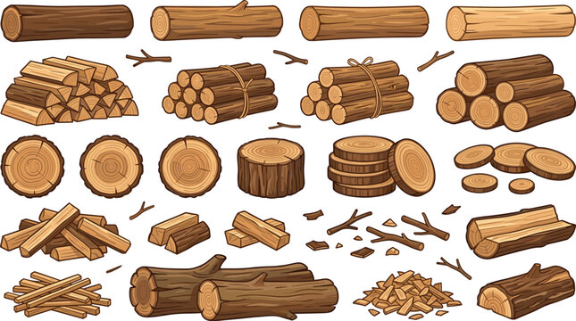 Wood Log and Timber Illustration Set with Firewood, Tree Trunks, Wooden Planks, and Lumber Elements for Forestry and Rustic Designs