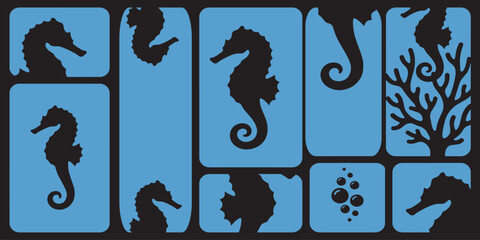 Stylized black seahorse silhouettes and coral reef elements on a blue background, forming a decorative pattern. © Riki