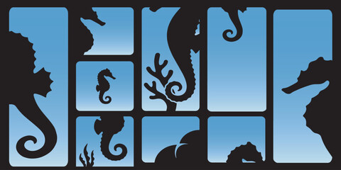 Stylized seahorse and coral silhouettes in a blue aquatic environment, abstract underwater scene. © Riki