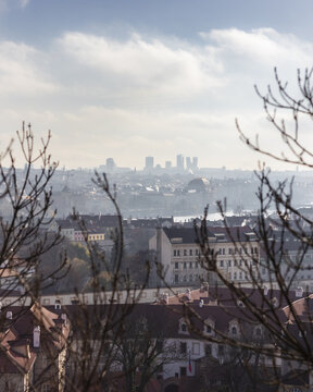 View of the historic red rooftops and distant modern skyline framed by bare tree branches under a cloudy sky in Prague, Prague, Czechia.