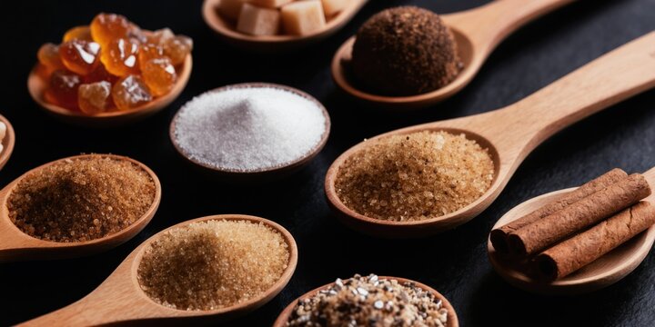Wooden spoons display various sugars and sweeteners like cane crystals, cubes, and powder. Cinnamon sticks and spices accompany the sweet ingredients on dark backdrop.
