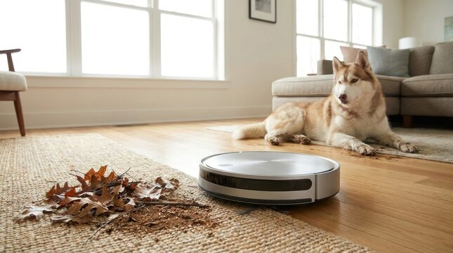 Robot vacuum cleaner works on a rug with leaves while a husky dog rests nearby