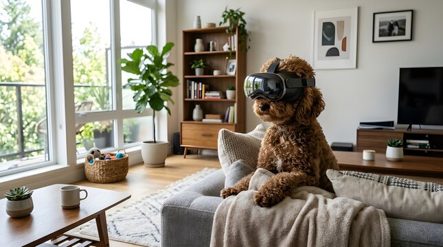 Adorable dog enjoying a virtual reality experience, comfortably seated on a modern living room couch, showcasing the playful integration of pets and future technology