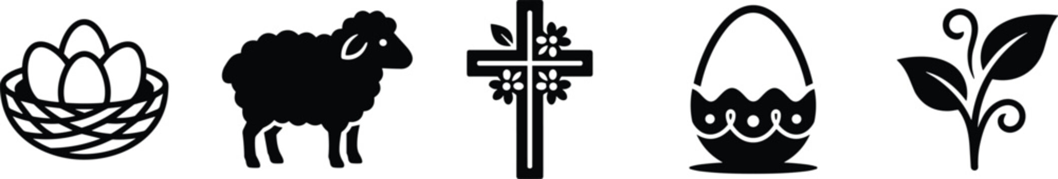 Easter and springtime icon set with basket of eggs, sheep, floral cross, decorated egg, and sprouting plant
