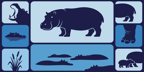 Stylized illustrations of hippos in various poses and environments, showcasing their unique characteristics and habitat.