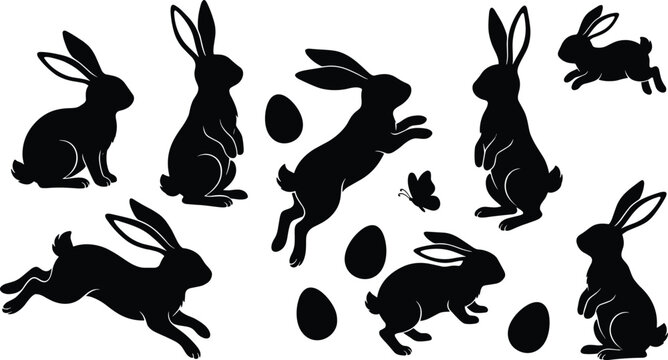 Easter rabbit silhouette set with eggs and butterfly