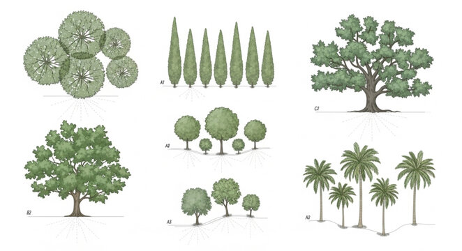 Collection of Various Tree Illustrations for Design and Architecture.