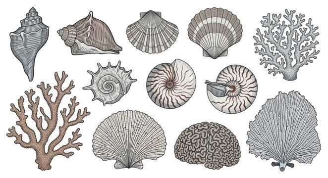 Collection of Vintage Seashells and Corals Illustration.