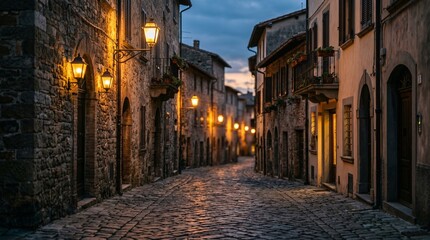 Fototapeta premium Charming narrow cobblestone street in an old italian village at twilight