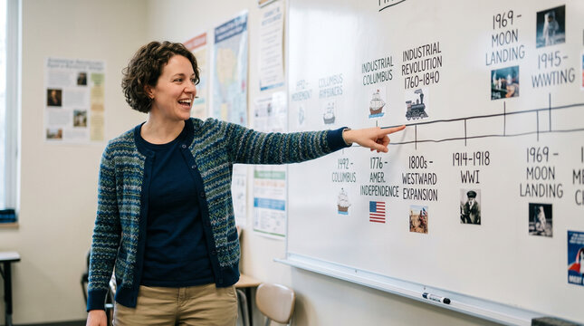Teacher smiling while explaining history timeline in a classroom 