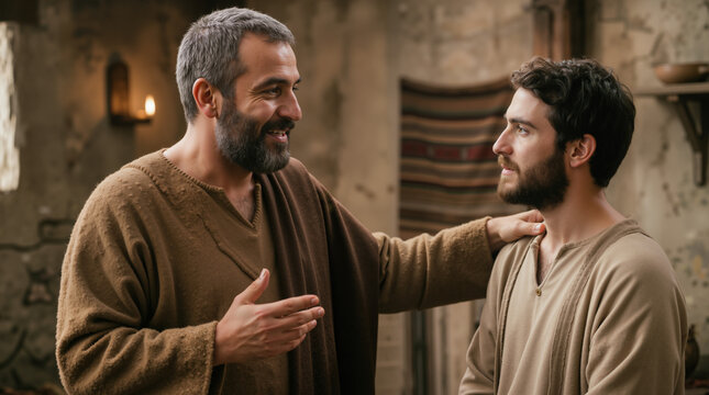 Biblical scene of Barnabas encouraging a young believer. Two men in ancient robes interacting in a rustic interior. Historical religious narrative